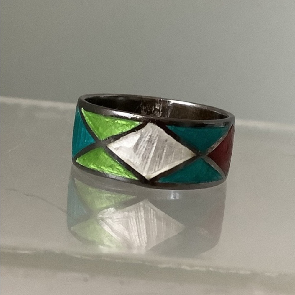 New vintage silver colourful harlequin cloisonné ring - Picture 1 of 12